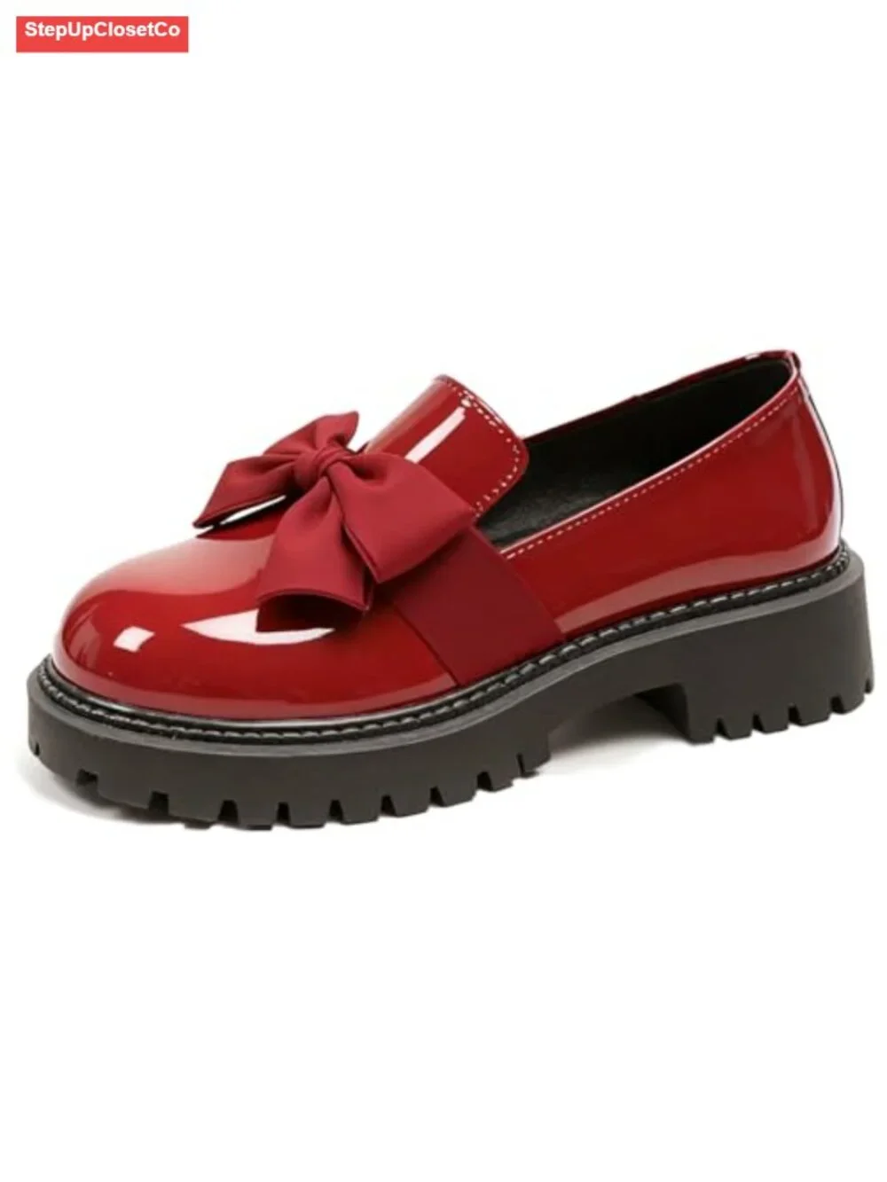 Patent Leather Chunky Heel Bow Loafers, Non-Slip Lug Sole, Round Toe, Business